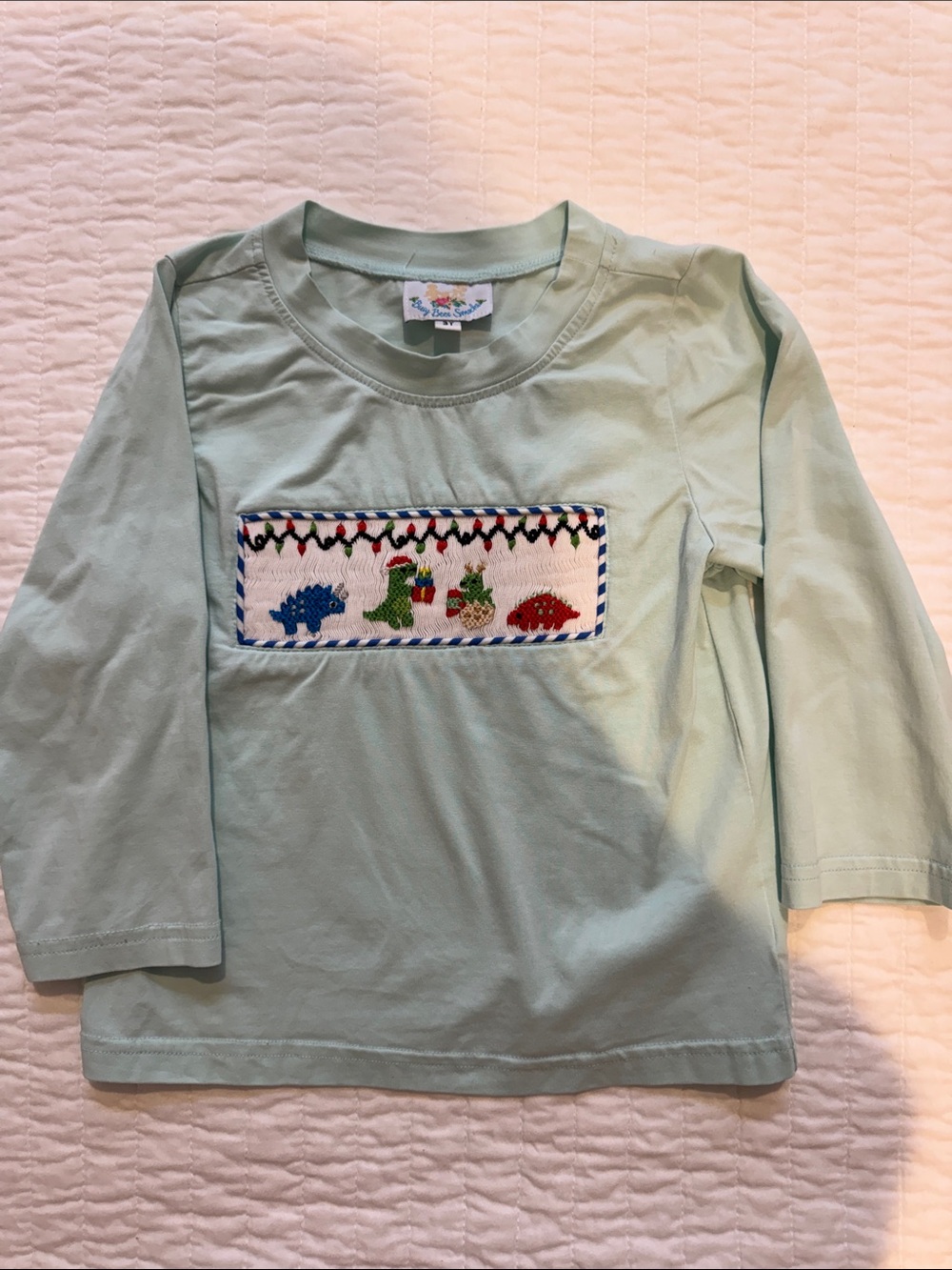 BBS 3T Christmas Light Green Smocked Dino Long Sleeve Tee by Unbranded